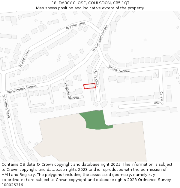 18, DARCY CLOSE, COULSDON, CR5 1QT: Location map and indicative extent of plot