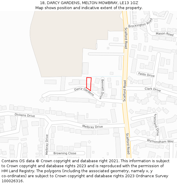 18, DARCY GARDENS, MELTON MOWBRAY, LE13 1GZ: Location map and indicative extent of plot