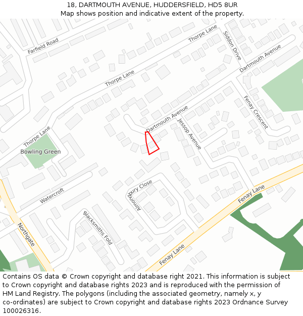 18, DARTMOUTH AVENUE, HUDDERSFIELD, HD5 8UR: Location map and indicative extent of plot