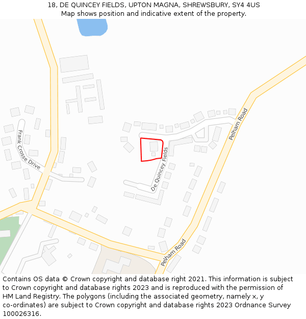 18, DE QUINCEY FIELDS, UPTON MAGNA, SHREWSBURY, SY4 4US: Location map and indicative extent of plot