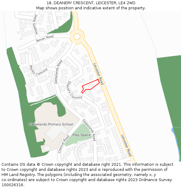 18, DEANERY CRESCENT, LEICESTER, LE4 2WD: Location map and indicative extent of plot