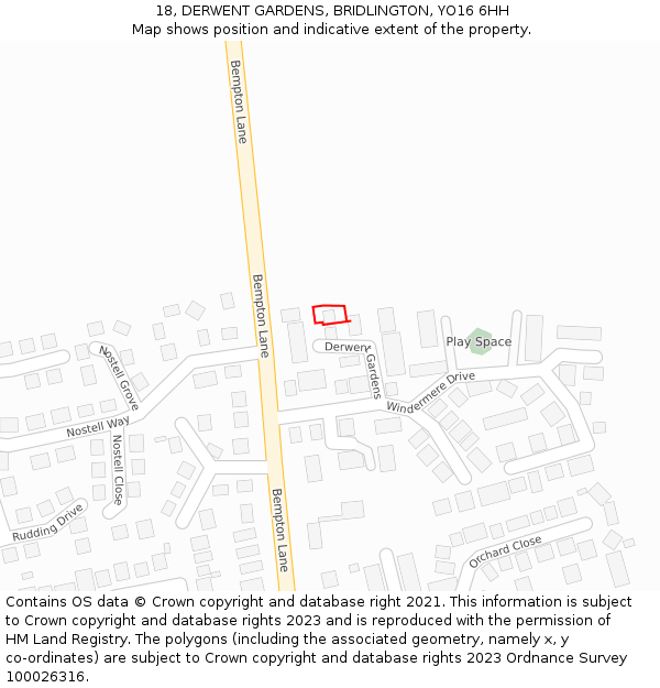 18, DERWENT GARDENS, BRIDLINGTON, YO16 6HH: Location map and indicative extent of plot