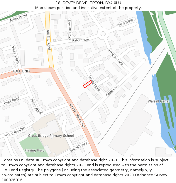 18, DEVEY DRIVE, TIPTON, DY4 0LU: Location map and indicative extent of plot