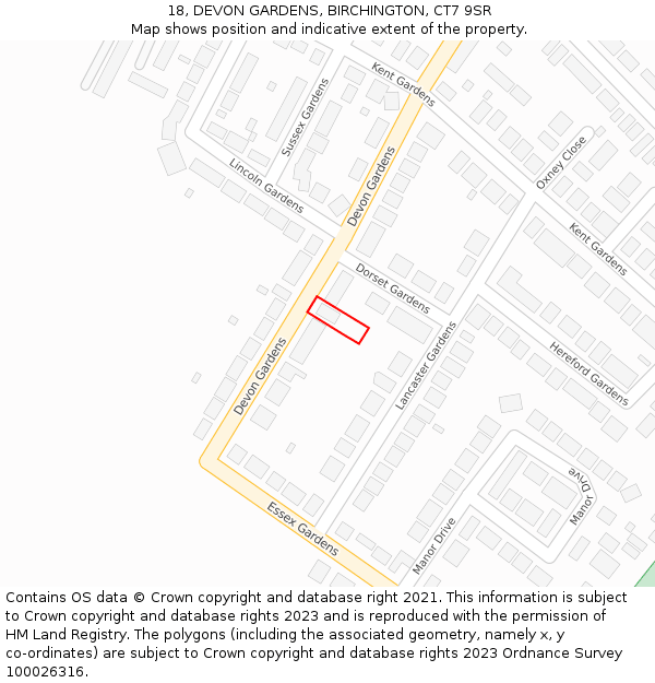 18, DEVON GARDENS, BIRCHINGTON, CT7 9SR: Location map and indicative extent of plot