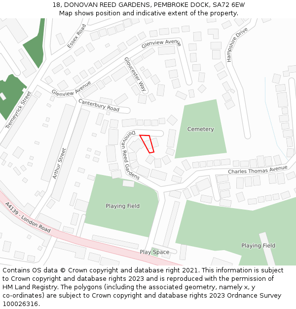 18, DONOVAN REED GARDENS, PEMBROKE DOCK, SA72 6EW: Location map and indicative extent of plot