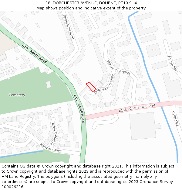 18, DORCHESTER AVENUE, BOURNE, PE10 9HX: Location map and indicative extent of plot