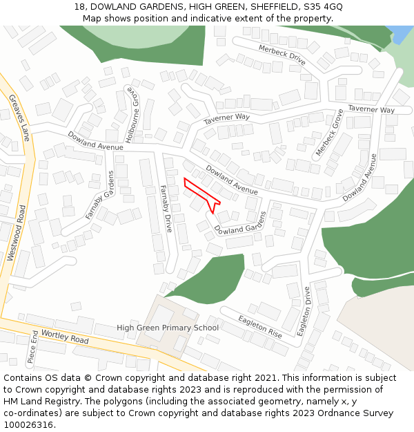 18, DOWLAND GARDENS, HIGH GREEN, SHEFFIELD, S35 4GQ: Location map and indicative extent of plot