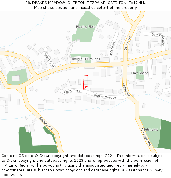 18, DRAKES MEADOW, CHERITON FITZPAINE, CREDITON, EX17 4HU: Location map and indicative extent of plot