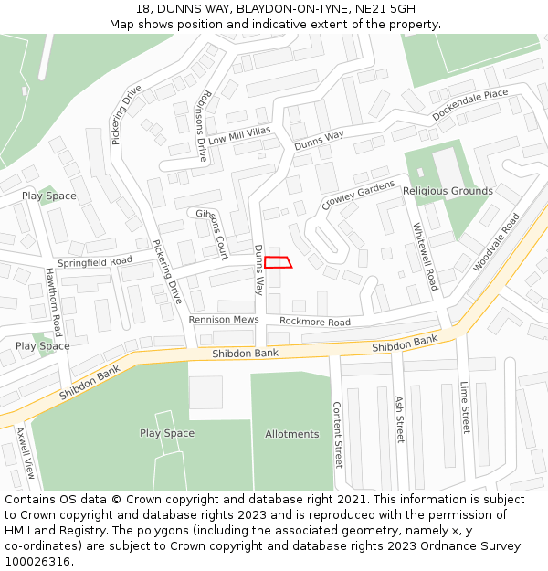 18, DUNNS WAY, BLAYDON-ON-TYNE, NE21 5GH: Location map and indicative extent of plot