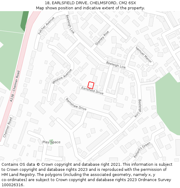 18, EARLSFIELD DRIVE, CHELMSFORD, CM2 6SX: Location map and indicative extent of plot