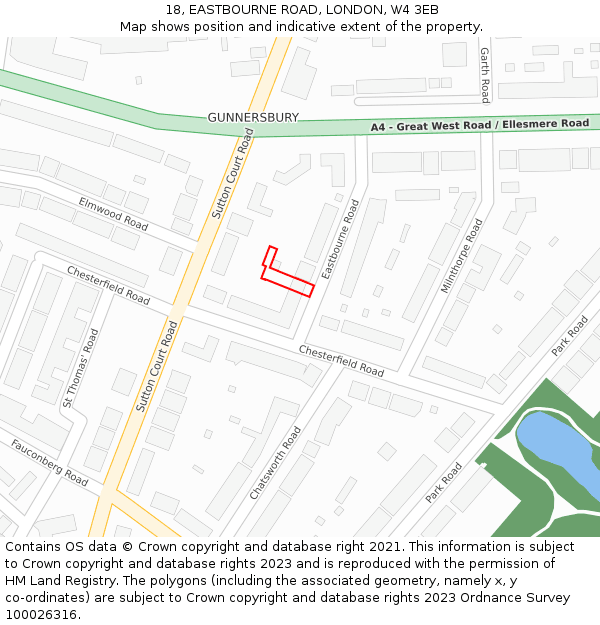 18, EASTBOURNE ROAD, LONDON, W4 3EB: Location map and indicative extent of plot