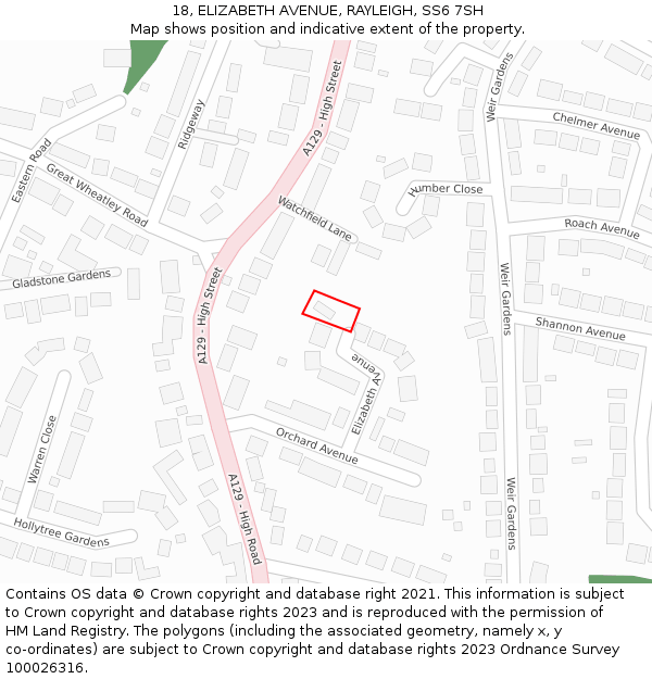 18, ELIZABETH AVENUE, RAYLEIGH, SS6 7SH: Location map and indicative extent of plot