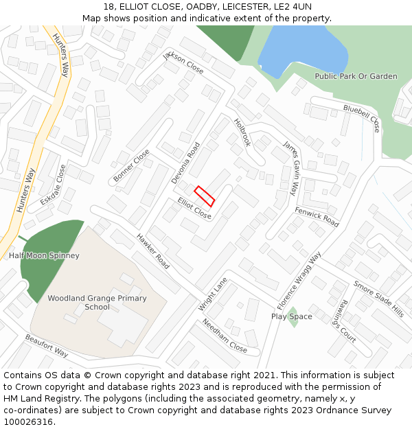 18, ELLIOT CLOSE, OADBY, LEICESTER, LE2 4UN: Location map and indicative extent of plot