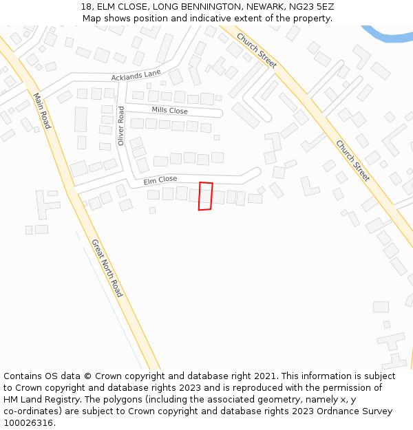 18, ELM CLOSE, LONG BENNINGTON, NEWARK, NG23 5EZ: Location map and indicative extent of plot