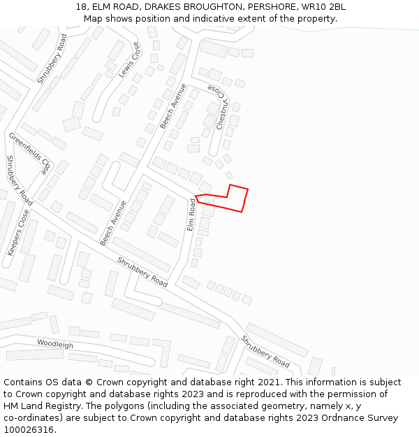 18, ELM ROAD, DRAKES BROUGHTON, PERSHORE, WR10 2BL: Location map and indicative extent of plot