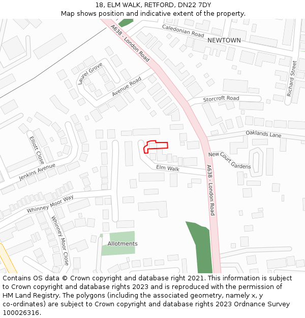 18, ELM WALK, RETFORD, DN22 7DY: Location map and indicative extent of plot