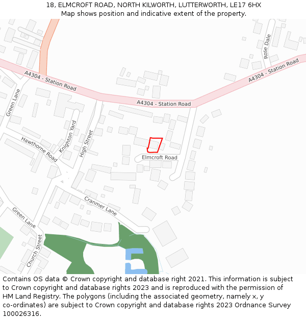 18, ELMCROFT ROAD, NORTH KILWORTH, LUTTERWORTH, LE17 6HX: Location map and indicative extent of plot