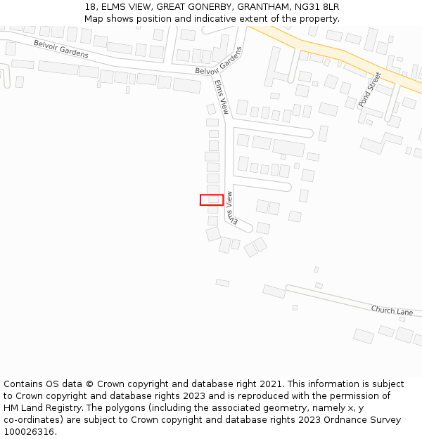 18, ELMS VIEW, GREAT GONERBY, GRANTHAM, NG31 8LR: Location map and indicative extent of plot