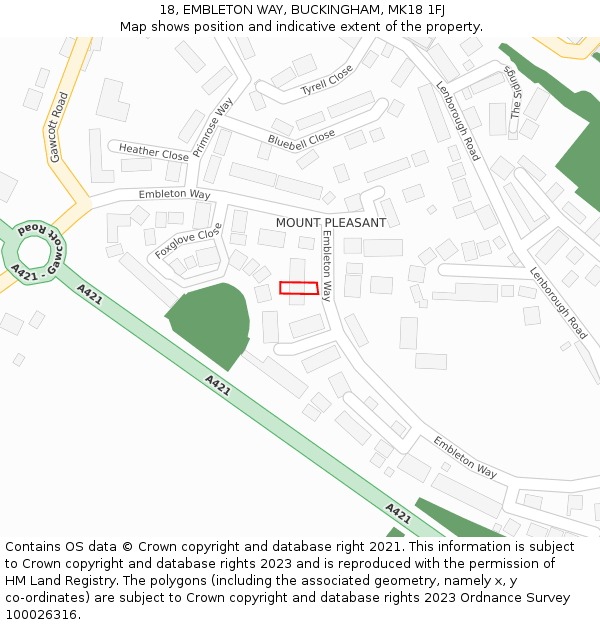 18, EMBLETON WAY, BUCKINGHAM, MK18 1FJ: Location map and indicative extent of plot