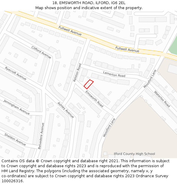 18, EMSWORTH ROAD, ILFORD, IG6 2EL: Location map and indicative extent of plot