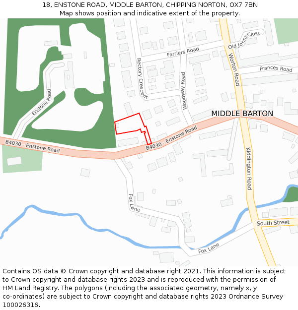 18, ENSTONE ROAD, MIDDLE BARTON, CHIPPING NORTON, OX7 7BN: Location map and indicative extent of plot