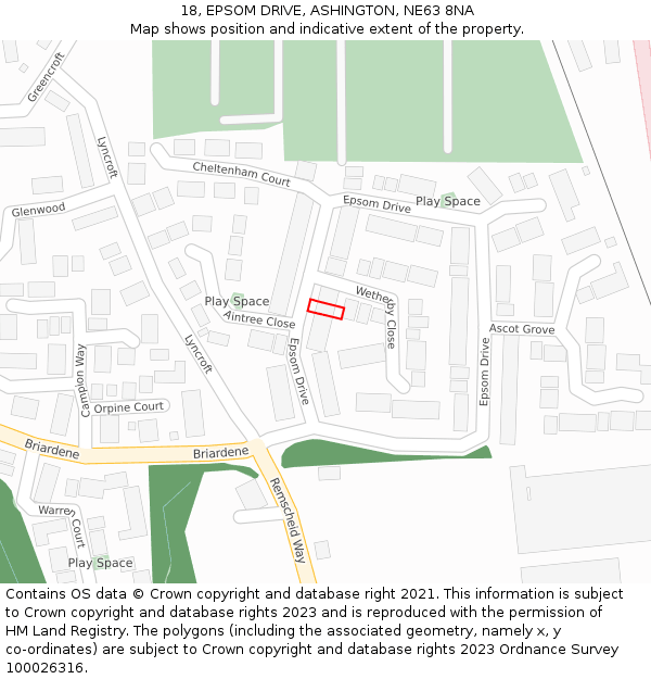 18, EPSOM DRIVE, ASHINGTON, NE63 8NA: Location map and indicative extent of plot