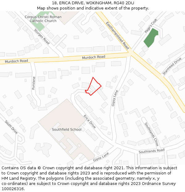 18, ERICA DRIVE, WOKINGHAM, RG40 2DU: Location map and indicative extent of plot