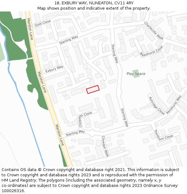 18, EXBURY WAY, NUNEATON, CV11 4RY: Location map and indicative extent of plot