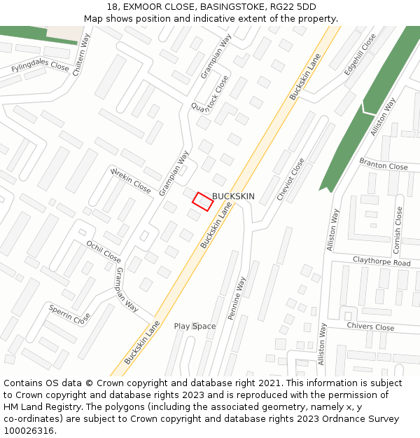 18, EXMOOR CLOSE, BASINGSTOKE, RG22 5DD: Location map and indicative extent of plot