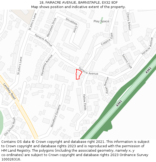 18, FAIRACRE AVENUE, BARNSTAPLE, EX32 9DF: Location map and indicative extent of plot