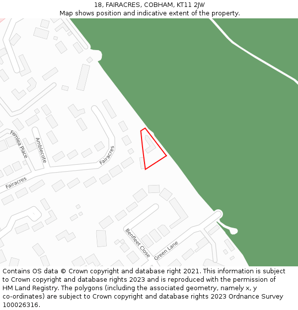 18, FAIRACRES, COBHAM, KT11 2JW: Location map and indicative extent of plot