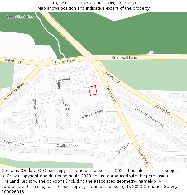 18, FAIRFIELD ROAD, CREDITON, EX17 2EQ: Location map and indicative extent of plot