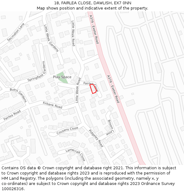 18, FAIRLEA CLOSE, DAWLISH, EX7 0NN: Location map and indicative extent of plot