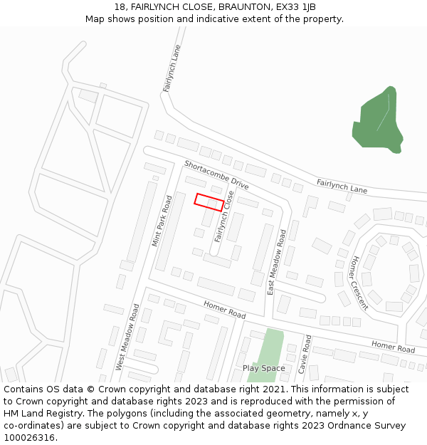 18, FAIRLYNCH CLOSE, BRAUNTON, EX33 1JB: Location map and indicative extent of plot