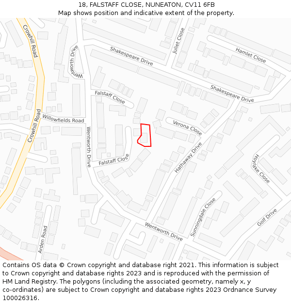 18, FALSTAFF CLOSE, NUNEATON, CV11 6FB: Location map and indicative extent of plot