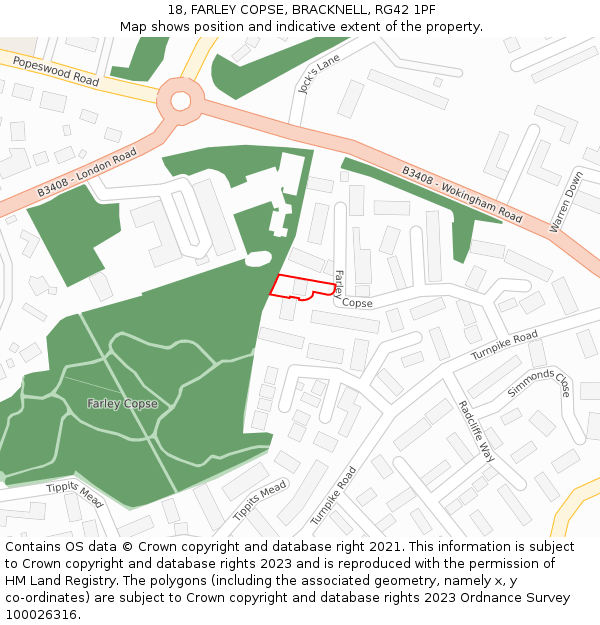 18, FARLEY COPSE, BRACKNELL, RG42 1PF: Location map and indicative extent of plot