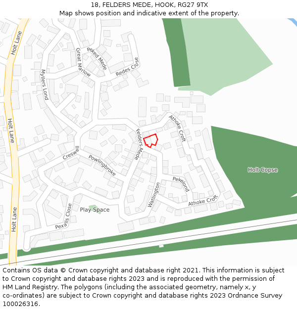 18, FELDERS MEDE, HOOK, RG27 9TX: Location map and indicative extent of plot