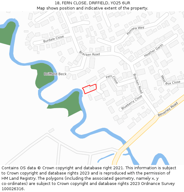 18, FERN CLOSE, DRIFFIELD, YO25 6UR: Location map and indicative extent of plot