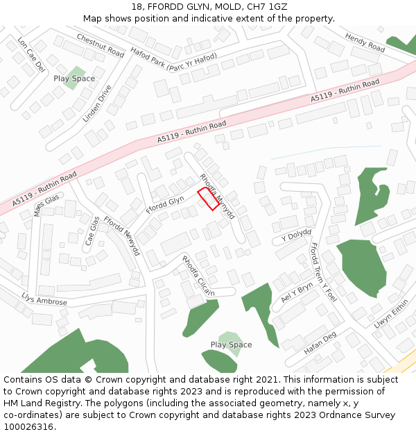 18, FFORDD GLYN, MOLD, CH7 1GZ: Location map and indicative extent of plot