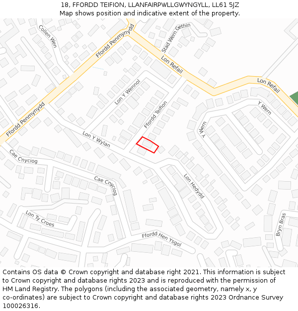 18, FFORDD TEIFION, LLANFAIRPWLLGWYNGYLL, LL61 5JZ: Location map and indicative extent of plot