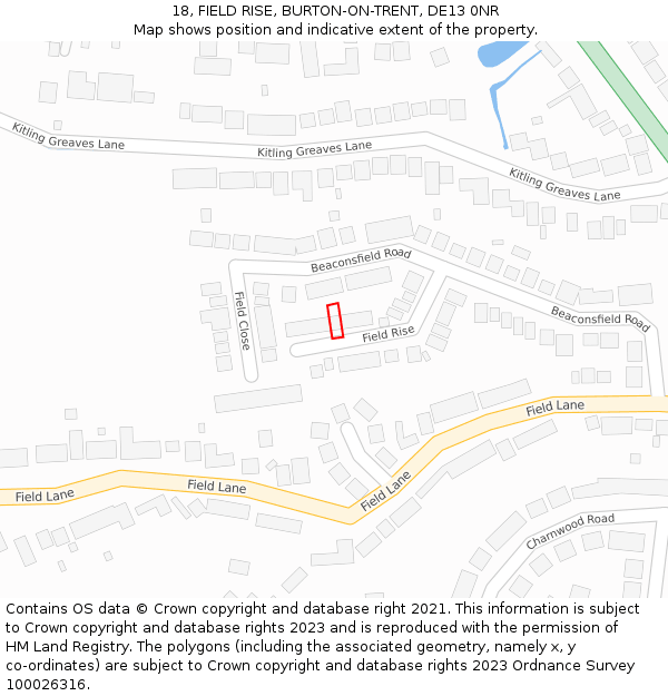 18, FIELD RISE, BURTON-ON-TRENT, DE13 0NR: Location map and indicative extent of plot