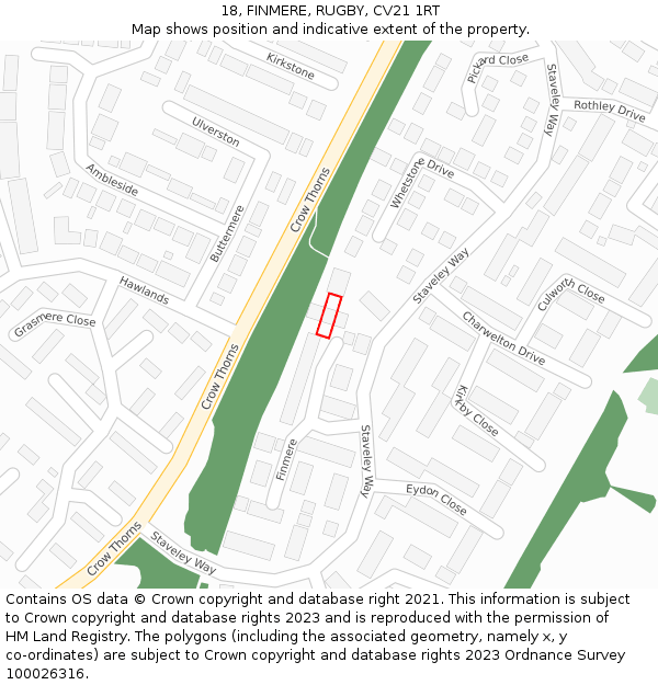 18, FINMERE, RUGBY, CV21 1RT: Location map and indicative extent of plot