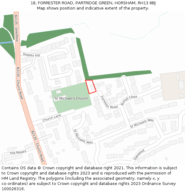 18, FORRESTER ROAD, PARTRIDGE GREEN, HORSHAM, RH13 8BJ: Location map and indicative extent of plot