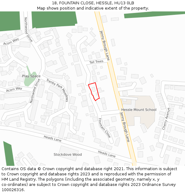 18, FOUNTAIN CLOSE, HESSLE, HU13 0LB: Location map and indicative extent of plot