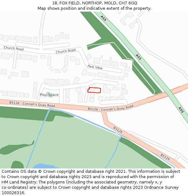 18, FOX FIELD, NORTHOP, MOLD, CH7 6GQ: Location map and indicative extent of plot