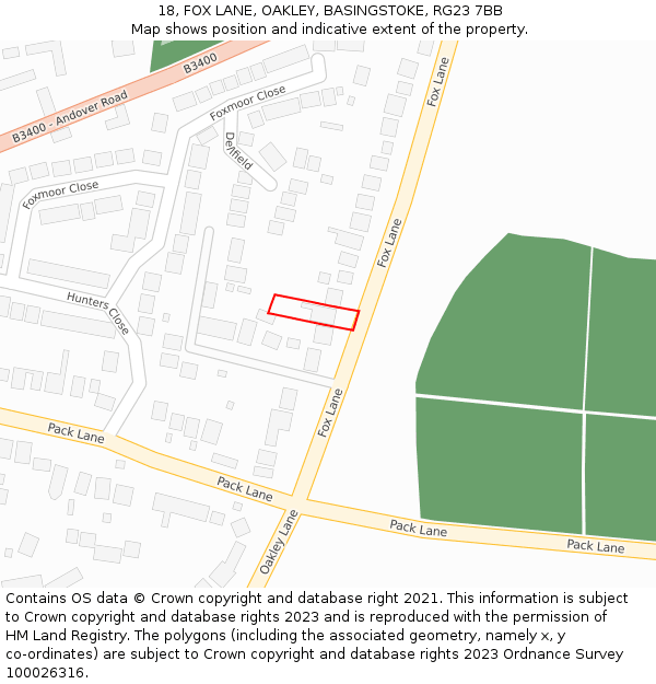 18, FOX LANE, OAKLEY, BASINGSTOKE, RG23 7BB: Location map and indicative extent of plot