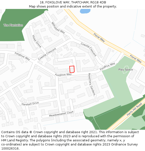 18, FOXGLOVE WAY, THATCHAM, RG18 4DB: Location map and indicative extent of plot