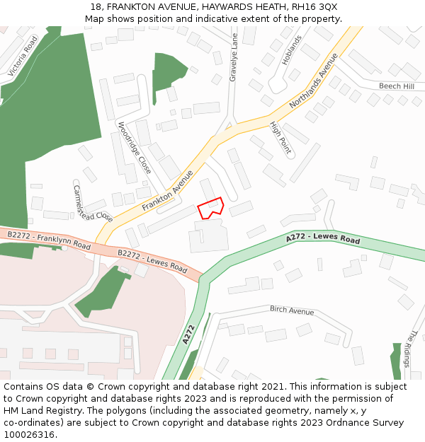 18, FRANKTON AVENUE, HAYWARDS HEATH, RH16 3QX: Location map and indicative extent of plot