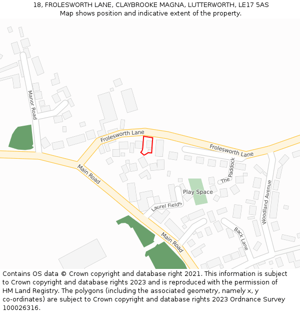 18, FROLESWORTH LANE, CLAYBROOKE MAGNA, LUTTERWORTH, LE17 5AS: Location map and indicative extent of plot