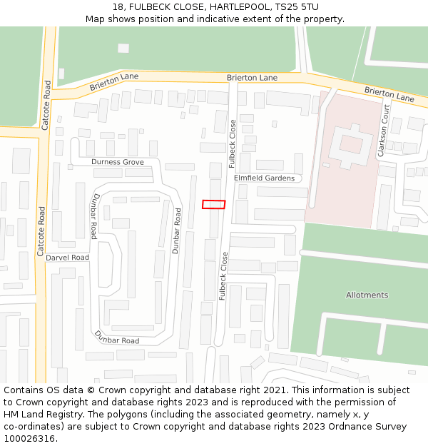 18, FULBECK CLOSE, HARTLEPOOL, TS25 5TU: Location map and indicative extent of plot